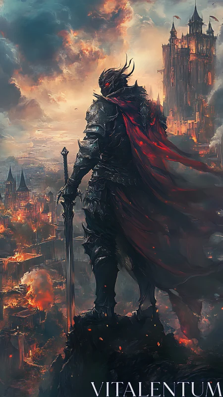 Dark warlord overlooking burning fantasy citadel.