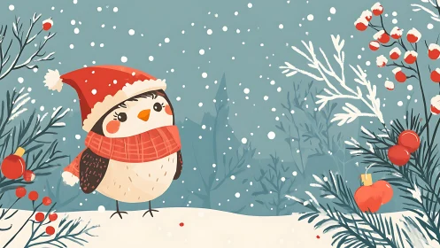 Vector snowfield robin in festive hat and scarf illustration.