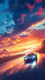 Supercar racing under neon sunset sky on wet highway.
