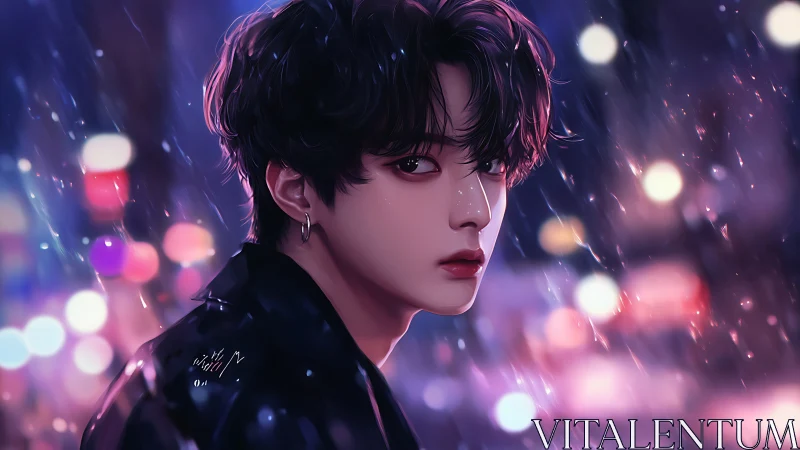 Midnight city rain with a soft‑eyed stranger in neon glow.