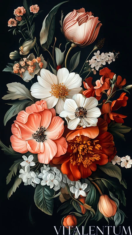 Botanical Floral Arrangement with Tulips and Dahlias.