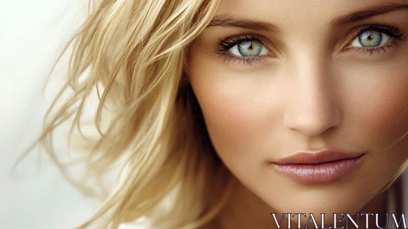 Gaze of a blonde woman fills the frame with quiet intensity