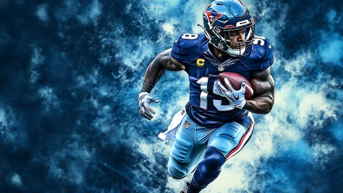 Dynamic football runner charges ahead through electric blue haze