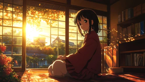 Interior view shows seated girl before backlit window at sunset