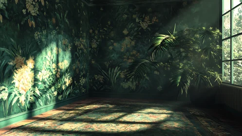 Sunlit botanical room with green walls and indoor palm.