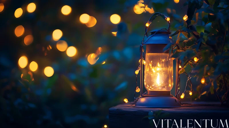 Gentle garden lantern glows softly in a dreamy blue night