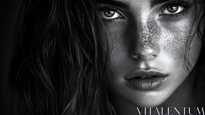 Monochrome close-up portrait isolates detailed facial texture
