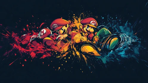 Dynamic Mario kart racers explode in vivid splatter strokes