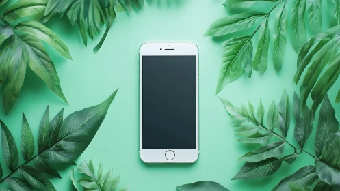 White smartphone positioned centrally on mint green background surrounded by foliage.