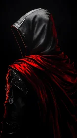 Hooded armored figure in red cloak is rendered in profile