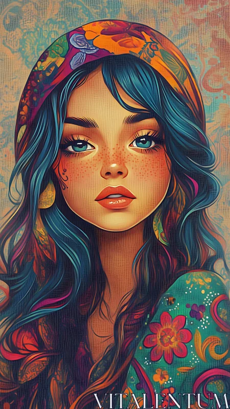Colorful digital portrait of girl with floral headscarf.