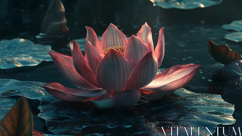 Pink lotus flower rendered on water surface at dusk.