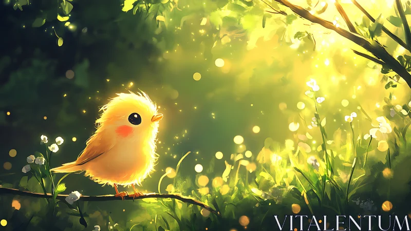 Sunlit fluffball songbird basking in golden forest glow.