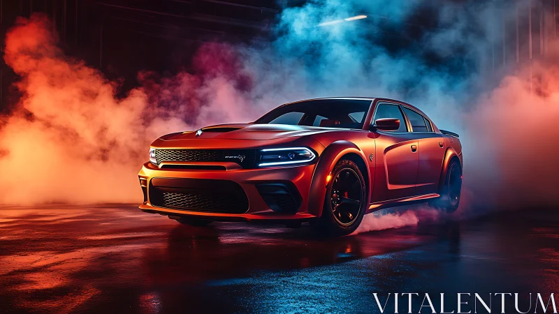 Orange muscle sedan stands in colored smoke on wet floor