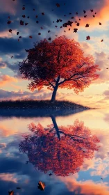Autumn maple on islet mirrored in serene twilight lake.