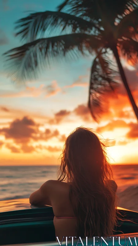 Sunlit beach traveler watching vivid tropical sunset glow.