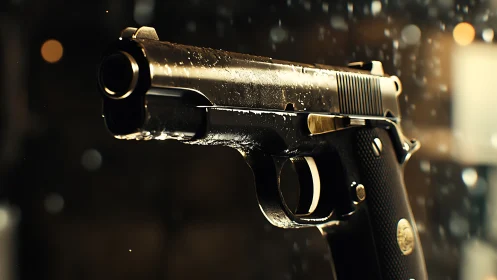 Rain-kissed chrome pistol glowing in moody city bokeh.