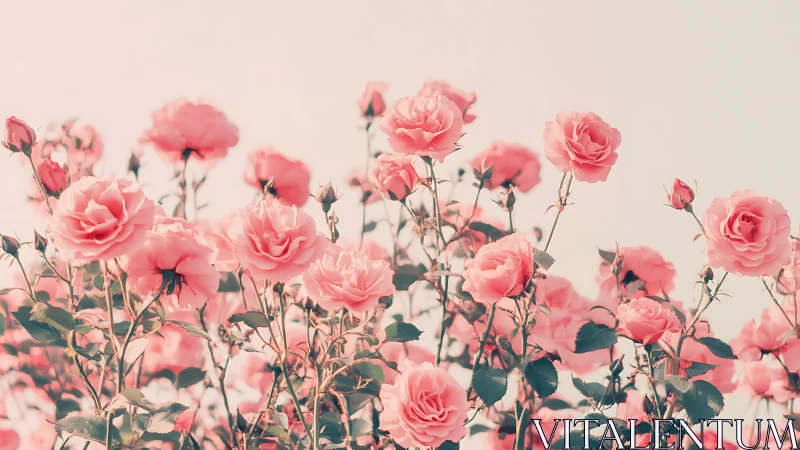 Pink roses bloom against muted palette.