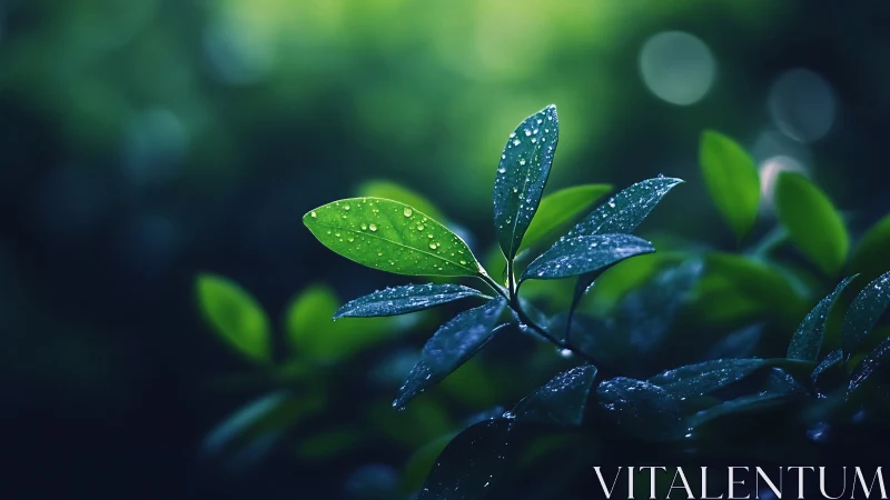 Leaf cluster holds clear water droplets against soft bokeh