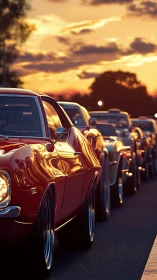 Vintage muscle cars glow in warm sunset city traffic