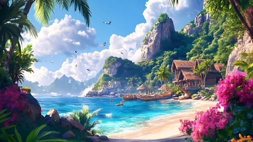 Tropical Paradise Cove with Limestone Cliffs.