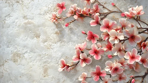 Delicate cherry blossoms cascading over textured stone wall.