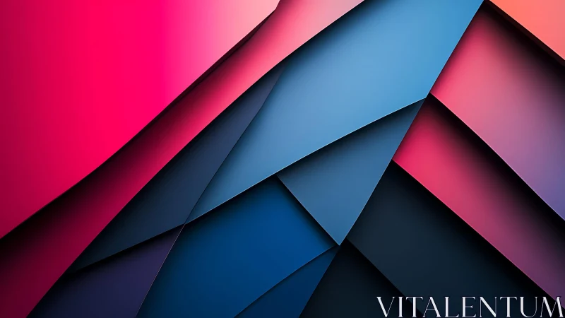 Abstract geometric artwork with layered pink and blue shapes.