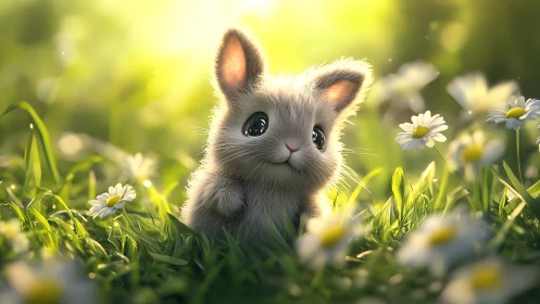 Cute cartoon bunny sitting in sunny meadow with daisies.