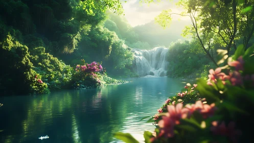 Sunlit waterfall basin framed by lush foliage in digital realism