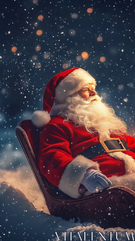 Santa figure sits in sleigh under falling snow at night
