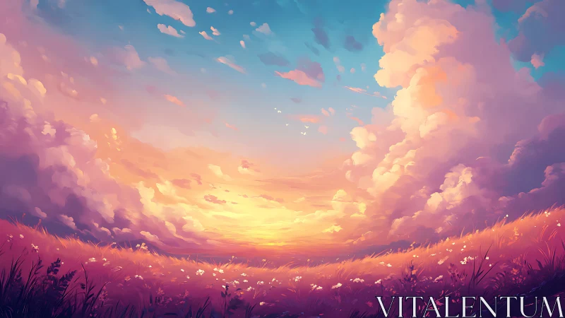 Radiant sunset meadow with towering pastel storm clouds.