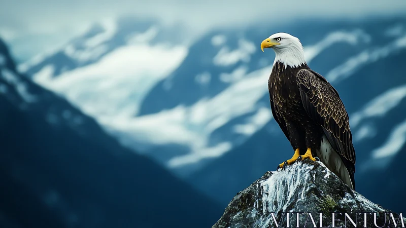 Majestic Bald Eagle on Rocky Peak in Misty Mountain Landscape.