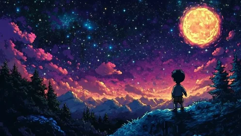 Child under blazing moonlit sky over neon twilight peaks.