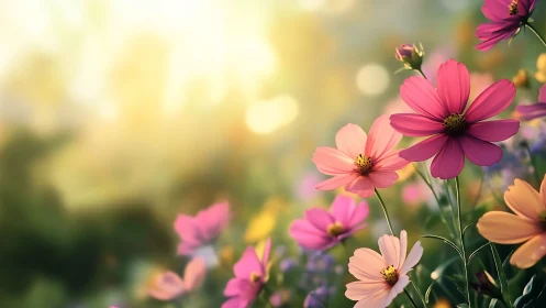 Cosmos Flowers Dance in Golden Hour Reverie.