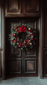 Winter wreath glows against dark wood in quiet holiday hush.