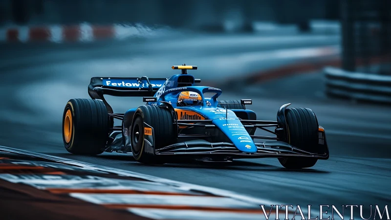 Photorealistic Formula race car cornering with dynamic motion blur.