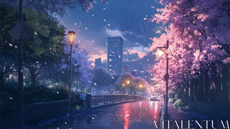 Rain falls on urban street bordered by illuminated cherry trees
