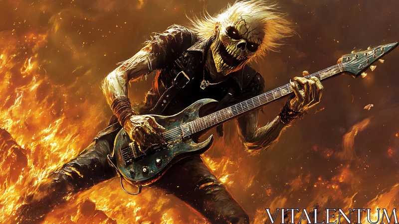 Flaming skeleton guitarist shreds amid blazing inferno.