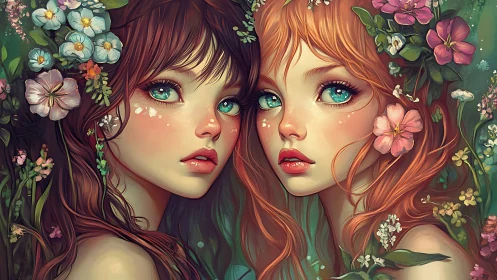 Two stylized girls with floral headpieces gaze forward