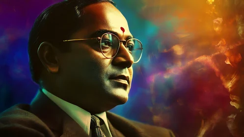 Profile portrait of man in suit against vivid colors.