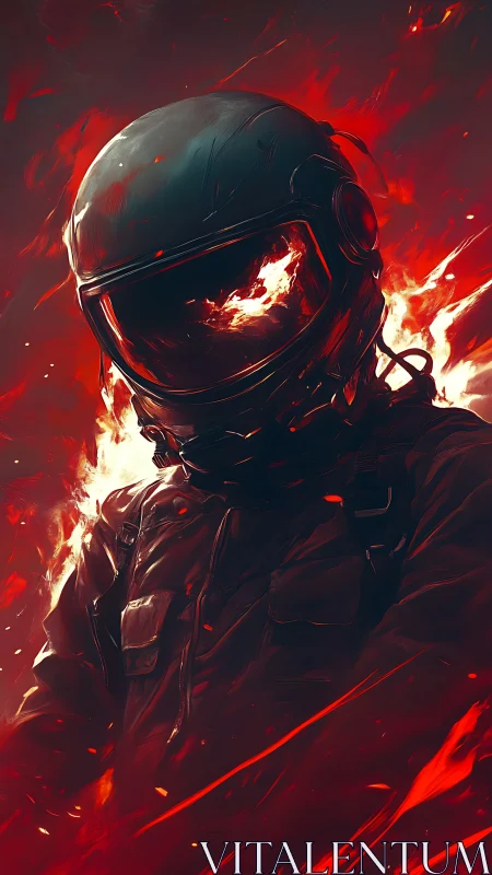 Fire-drenched astronaut strides through a storm of molten light