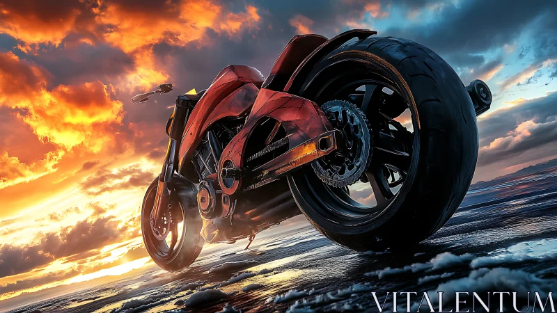 Futuristic red superbike at sunset on reflective shore.