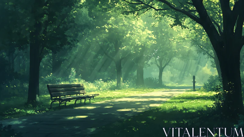 Sunlit park bench rests beneath tranquil forest canopy.