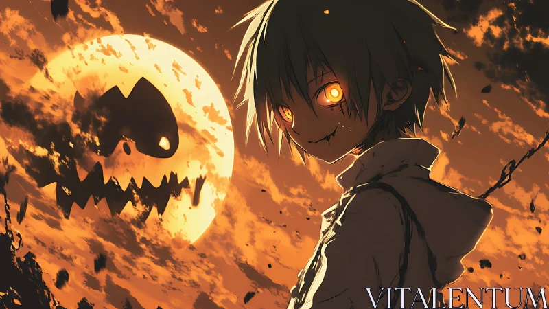 Glowing eyed trickster smiles under a spooky pumpkin moon