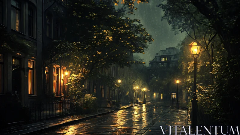 Rain-soaked city street is illuminated by evenly spaced lamps