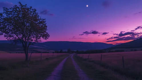 Twilight rural landscape with leading path and lone tree framing.