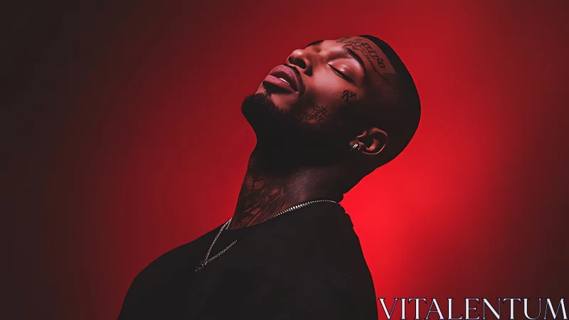 Moody red-lit portrait of tattooed man in profile pose.