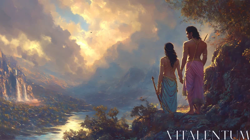 Mythic couple overlooks radiant river valley at dawn