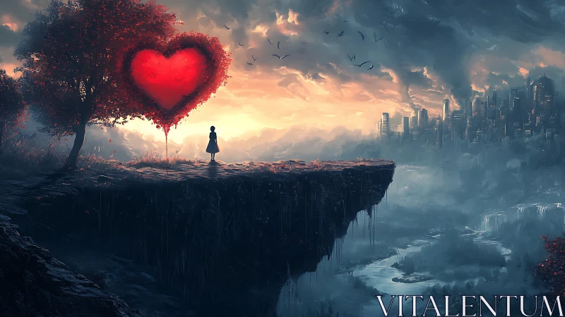 Figure Stands on Cliff Overlooking Cityscape with Glowing Heart Tree