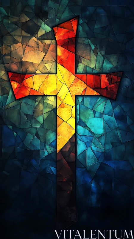 Shattered glass cross blazing through twilight blues.